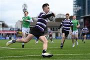 3 March 2023; Jack Cooney of Terenure College on his way to scoring his side's third try during the Bank of Ireland Leinster Schools Junior Cup Quarter-Final match between Terenure College and Gonzaga College at Energia Park in Dublin. Photo by Harry Murphy/Sportsfile