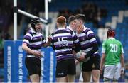 3 March 2023; Jack Cooney of Terenure College, right, celebrates with teammates after scoring his side's third try during the Bank of Ireland Leinster Schools Junior Cup Quarter-Final match between Terenure College and Gonzaga College at Energia Park in Dublin. Photo by Harry Murphy/Sportsfile