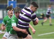 3 March 2023; Michael Smyth of Terenure College is tackled by Walter McMahon of Gonzaga College during the Bank of Ireland Leinster Schools Junior Cup Quarter-Final match between Terenure College and Gonzaga College at Energia Park in Dublin. Photo by Giselle O'Donoghue/Sportsfile