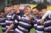 3 March 2023; Alvaro Swords of Terenure College, centre, and teammates after their side's victory in the Bank of Ireland Leinster Schools Junior Cup Quarter-Final match between Terenure College and Gonzaga College at Energia Park in Dublin. Photo by Giselle O'Donoghue/Sportsfile