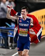 3 March 2023; Jakob Ingebrigtsen of Norway celebrates after winning the Men's 1500m Final during Day 1 of the European Indoor Athletics Championships at Ataköy Athletics Arena in Istanbul, Türkiye. Photo by Sam Barnes/Sportsfile