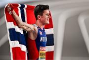 3 March 2023; Jakob Ingebrigtsen of Norway celebrates after winning the Men's 1500m Final during Day 1 of the European Indoor Athletics Championships at Ataköy Athletics Arena in Istanbul, Türkiye. Photo by Sam Barnes/Sportsfile