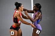 3 March 2023; Mujinga Kambundji of Switzerland, left, is congratulated by Daryll Neita of Great Britain after winning the women's 60m final during Day 1 of the European Indoor Athletics Championships at Ataköy Athletics Arena in Istanbul, Türkiye. Photo by Sam Barnes/Sportsfile
