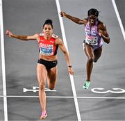 3 March 2023; Mujinga Kambundji of Switzerland, centre, crosses the line to win the women's 60m final, Daryll Neita of Great Britain, who finished third, during Day 1 of the European Indoor Athletics Championships at Ataköy Athletics Arena in Istanbul, Türkiye. Photo by Sam Barnes/Sportsfile