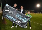 3 March 2023; League of Ireland director Mark Scanlon presents the 2022 champions flag to Shamrock Rovers captain Ronan Finn and Josh Bradley before the SSE Airtricity Men's Premier Division match between Shamrock Rovers and Derry City at Tallaght Stadium in Dublin. Photo by Stephen McCarthy/Sportsfile