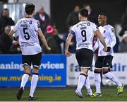 3 March 2023; Patrick Hoban of Dundalk taunts toward the St Patrick's Athletic supporters after scoring his side's first goal during the SSE Airtricity Men's Premier Division match between Dundalk and St Patrick's Athletic at Oriel Park in Dundalk, Louth. Photo by Ben McShane/Sportsfile