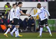 3 March 2023; Patrick Hoban of Dundalk, left, celebrates with Rayhaan Tulloch after scoring their side's first goal during the SSE Airtricity Men's Premier Division match between Dundalk and St Patrick's Athletic at Oriel Park in Dundalk, Louth. Photo by Ben McShane/Sportsfile