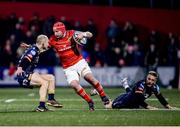 3 March 2023; John Hodnett of Munster in action against Johnny McNicholl of Scarlets during the United Rugby Championship match between Munster and Scarlets at Musgrave Park in Cork. Photo by Tom Beary/Sportsfile