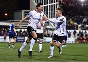 3 March 2023; Louis Annesley of Dundalk celebrates with teammate Hayden Muller, right, after scoring their side's second goal during the SSE Airtricity Men's Premier Division match between Dundalk and St Patrick's Athletic at Oriel Park in Dundalk, Louth. Photo by Ben McShane/Sportsfile