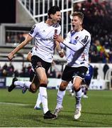 3 March 2023; Louis Annesley of Dundalk celebrates with teammate Hayden Muller, right, after scoring their side's second goal during the SSE Airtricity Men's Premier Division match between Dundalk and St Patrick's Athletic at Oriel Park in Dundalk, Louth. Photo by Ben McShane/Sportsfile