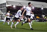 3 March 2023; Louis Annesley of Dundalk celebrates with teammate Hayden Muller, left, after scoring their side's second goal during the SSE Airtricity Men's Premier Division match between Dundalk and St Patrick's Athletic at Oriel Park in Dundalk, Louth. Photo by Ben McShane/Sportsfile