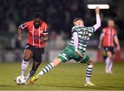 3 March 2023; Sadou Diallo of Derry City in action against Markus Poom of Shamrock Rovers during the SSE Airtricity Men's Premier Division match between Shamrock Rovers and Derry City at Tallaght Stadium in Dublin. Photo by Stephen McCarthy/Sportsfile