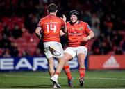 3 March 2023; Calvin Nash of Munster, left, celebrates after scoring his side's second try with teammate Josh Wycherley during the United Rugby Championship match between Munster and Scarlets at Musgrave Park in Cork. Photo by Tom Beary/Sportsfile