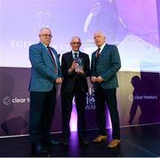 3 March 2023; Cricket Ireland President David Griffin presents the Tildenet Groundskeeping Team Of the Year award to John Pierce, left, and Ken Craig, right, from Eglinton Cricket Club during the 2023 Irish Cricket Awards at The Marker Hotel in Dublin. Photo by Matt Browne/Sportsfile