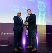 3 March 2023; Arun Kumar presents the KB Sports Hub Club Official of the Year Award to Declan Earley during the 2023 Irish Cricket Awards at The Marker Hotel in Dublin. Photo by Matt Browne/Sportsfile