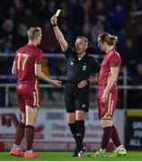 3 March 2023; Referee Alan Patchell shows Vincent Borden of Galway United a yellow card during the SSE Airtricity Men's First Division match between Waterford and Galway United at RSC in Waterford. Photo by Stephen Marken/Sportsfile