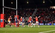 3 March 2023; Munster players celebrate after Antoine Frisch scored their side's seventh try during the United Rugby Championship match between Munster and Scarlets at Musgrave Park in Cork. Photo by Tom Beary/Sportsfile