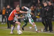 3 March 2023; Trevor Clarke of Shamrock Rovers in action against Mark Connolly of Derry City during the SSE Airtricity Men's Premier Division match between Shamrock Rovers and Derry City at Tallaght Stadium in Dublin. Photo by Stephen McCarthy/Sportsfile