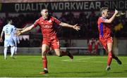 3 March 2023; Jack Moylan of Shelbourne, left, and Evan Caffrey celebrates after teammate Kian Leavy, not seen, scored their side's first goal during the SSE Airtricity Men's Premier Division match between Shelbourne and Bohemians at Tolka Park in Dublin. Photo by Tyler Miller/Sportsfile
