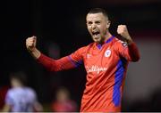 3 March 2023; Kyle Robinson of Shelbourne celebrates after his side's victory in the SSE Airtricity Men's Premier Division match between Shelbourne and Bohemians at Tolka Park in Dublin. Photo by Tyler Miller/Sportsfile