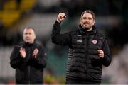 3 March 2023; Derry City head coach Ruaidhrí Higgins celebrates after the SSE Airtricity Men's Premier Division match between Shamrock Rovers and Derry City at Tallaght Stadium in Dublin. Photo by Stephen McCarthy/Sportsfile