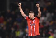 3 March 2023; Shane McEleney of Derry City celebrates at the final whistle of the SSE Airtricity Men's Premier Division match between Shamrock Rovers and Derry City at Tallaght Stadium in Dublin. Photo by Stephen McCarthy/Sportsfile
