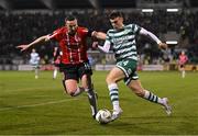 3 March 2023; Simon Power of Shamrock Rovers in action against Shane McEleney of Derry City during the SSE Airtricity Men's Premier Division match between Shamrock Rovers and Derry City at Tallaght Stadium in Dublin. Photo by Stephen McCarthy/Sportsfile