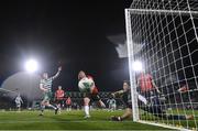 3 March 2023; Derry City goalkeeper Brian Maher watches the ball go past the post after coming off team-mate Mark Connolly during the SSE Airtricity Men's Premier Division match between Shamrock Rovers and Derry City at Tallaght Stadium in Dublin. Photo by Stephen McCarthy/Sportsfile