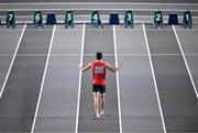 4 March 2023; Enrico Güntert of Switzerland reacts after being disqualified from the Men's 60m after performing three false starts during Day 2 of the European Indoor Athletics Championships at Ataköy Athletics Arena in Istanbul, Türkiye. Photo by Sam Barnes/Sportsfile
