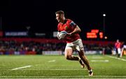 3 March 2023; Shane Daly of Munster on his way to scoring his side's third try during the United Rugby Championship match between Munster and Scarlets at Musgrave Park in Cork. Photo by Tom Beary/Sportsfile