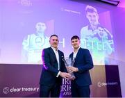 3 March 2023; Paul Reilly  presents the Clear Treasury Men’s International Player of the Year Award to Josh Little during the 2023 Irish Cricket Awards at The Marker Hotel in Dublin. Photo by Matt Browne/Sportsfile