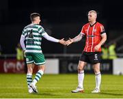 3 March 2023; Mark Connolly of Derry City, right, and Simon Power of Shamrock Rovers after the SSE Airtricity Men's Premier Division match between Shamrock Rovers and Derry City at Tallaght Stadium in Dublin. Photo by Seb Daly/Sportsfile