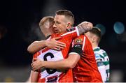 3 March 2023; Shane McEleney, right, and Mark Connolly of Derry City after their side's victory in the SSE Airtricity Men's Premier Division match between Shamrock Rovers and Derry City at Tallaght Stadium in Dublin. Photo by Seb Daly/Sportsfile