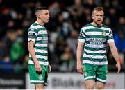 3 March 2023; Gary O'Neill, left, and Sean Hoare of Shamrock Rovers during the SSE Airtricity Men's Premier Division match between Shamrock Rovers and Derry City at Tallaght Stadium in Dublin. Photo by Seb Daly/Sportsfile