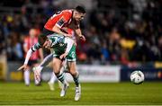 3 March 2023; Jordan McEneff of Derry City is tackled by Sean Gannon of Shamrock Rovers during the SSE Airtricity Men's Premier Division match between Shamrock Rovers and Derry City at Tallaght Stadium in Dublin. Photo by Seb Daly/Sportsfile
