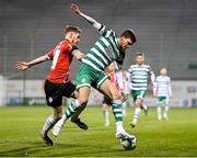 3 March 2023; Sean Gannon of Shamrock Rovers in action against Jamie McGonigle of Derry City during the SSE Airtricity Men's Premier Division match between Shamrock Rovers and Derry City at Tallaght Stadium in Dublin. Photo by Seb Daly/Sportsfile