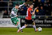 3 March 2023; Trevor Clarke of Shamrock Rovers in action against Ciarán Coll of Derry City during the SSE Airtricity Men's Premier Division match between Shamrock Rovers and Derry City at Tallaght Stadium in Dublin. Photo by Seb Daly/Sportsfile