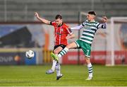 3 March 2023; Dylan Watts of Shamrock Rovers in action against Will Patching of Derry City during the SSE Airtricity Men's Premier Division match between Shamrock Rovers and Derry City at Tallaght Stadium in Dublin. Photo by Seb Daly/Sportsfile