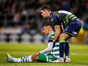 3 March 2023; Derry City goalkeeper Brian Maher helps Graham Burke of Shamrock Rovers up during the SSE Airtricity Men's Premier Division match between Shamrock Rovers and Derry City at Tallaght Stadium in Dublin. Photo by Seb Daly/Sportsfile