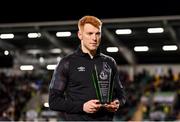 3 March 2023; Rory Gaffney of Shamrock Rovers with the 2022 Shamrock Rovers Player of the Year award before the SSE Airtricity Men's Premier Division match between Shamrock Rovers and Derry City at Tallaght Stadium in Dublin. Photo by Seb Daly/Sportsfile
