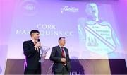 3 March 2023; Cork Harlequins Cricket Club members Matt Brewster, left, and Chris Hickey with the Butlers Chocolates Club of the Year Award during the 2023 Irish Cricket Awards at The Marker Hotel in Dublin. Photo by Matt Browne/Sportsfile