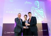 3 March 2023; Kathy Smyth presents the Butlers Chocolates Club of the Year Award to Cork Harlequins Cricket Club members Chris Hickey and Matt Brewster during the 2023 Irish Cricket Awards at The Marker Hotel in Dublin. Photo by Matt Browne/Sportsfile