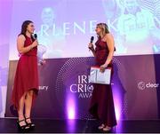 3 March 2023; Hanley Energy Women’s International Player of the Year Arlene Kelly, left, with presenter Marie Crowe during the 2023 Irish Cricket Awards at The Marker Hotel in Dublin. Photo by Matt Browne/Sportsfile