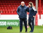 4 March 2023; Shelbourne manager Noel King speaking to Rachel Graham of Shelbourne before the SSE Airtricity Women's Premier Division match between Shelbourne and Cork City at Tolka Park in Dublin. Photo by Eóin Noonan/Sportsfile