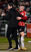 3 March 2023; Derry City manager Ruaidhrí Higgins and Ryan Graydon during the SSE Airtricity Men's Premier Division match between Shamrock Rovers and Derry City at Tallaght Stadium in Dublin. Photo by Stephen McCarthy/Sportsfile