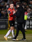 3 March 2023; Derry City manager Ruaidhrí Higgins and Ryan Graydon during the SSE Airtricity Men's Premier Division match between Shamrock Rovers and Derry City at Tallaght Stadium in Dublin. Photo by Stephen McCarthy/Sportsfile