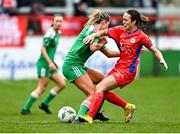 4 March 2023; Kayla Hamric of Shelbourne is tackled by Jesse Mendez of Cork City during the SSE Airtricity Women's Premier Division match between Shelbourne and Cork City at Tolka Park in Dublin. Photo by Eóin Noonan/Sportsfile