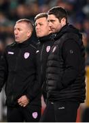 3 March 2023; Derry City manager Ruaidhrí Higgins, right, with first team coach Conor Loughrey and assistant manager Alan Reynolds, left, during the SSE Airtricity Men's Premier Division match between Shamrock Rovers and Derry City at Tallaght Stadium in Dublin. Photo by Stephen McCarthy/Sportsfile