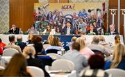 4 March 2023; The LGFA management committee, from left, cultural and language officer Hugh Devenney, treasurer Mary Connolly, chief executive officer Helen O'Rourke, Uachtarán Cumann Peil Gael na mBan Mícheál Naughton, assistant secretary Kathleen Kane, and treasurer Geraldine Carey during the LGFA 2023 Annual Congress at Knightsbrook Hotel in Trim, Meath. Photo by Brendan Moran/Sportsfile