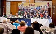 4 March 2023; LGFA chief executive officer Helen O'Rourke, in the company of the management committee, from left, cultural and language officer Hugh Devenney, treasurer Mary Connolly,, Uachtarán Cumann Peil Gael na mBan Mícheál Naughton, assistant secretary Kathleen Kane, and treasurer Geraldine Carey, speaks during the LGFA 2023 Annual Congress at Knightsbrook Hotel in Trim, Meath. Photo by Brendan Moran/Sportsfile